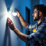 A photograph of a skilled lighting contractor installing a stylish wall-mounted light fixture in a modern interior
