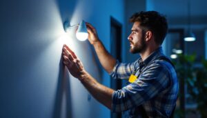 A photograph of a skilled lighting contractor installing a stylish wall-mounted light fixture in a modern interior