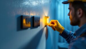 A photograph of a skilled lighting contractor installing modern switches and sockets in a beautifully designed interior