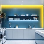 A photograph of a modern laundry room featuring stylish led light fixtures