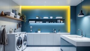 A photograph of a modern laundry room featuring stylish led light fixtures
