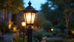 A photograph of a beautifully illuminated large outdoor post lantern in a serene garden setting during twilight