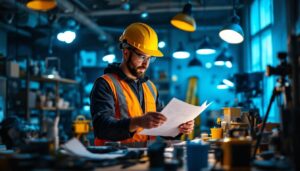 A photograph of a lighting contractor at work