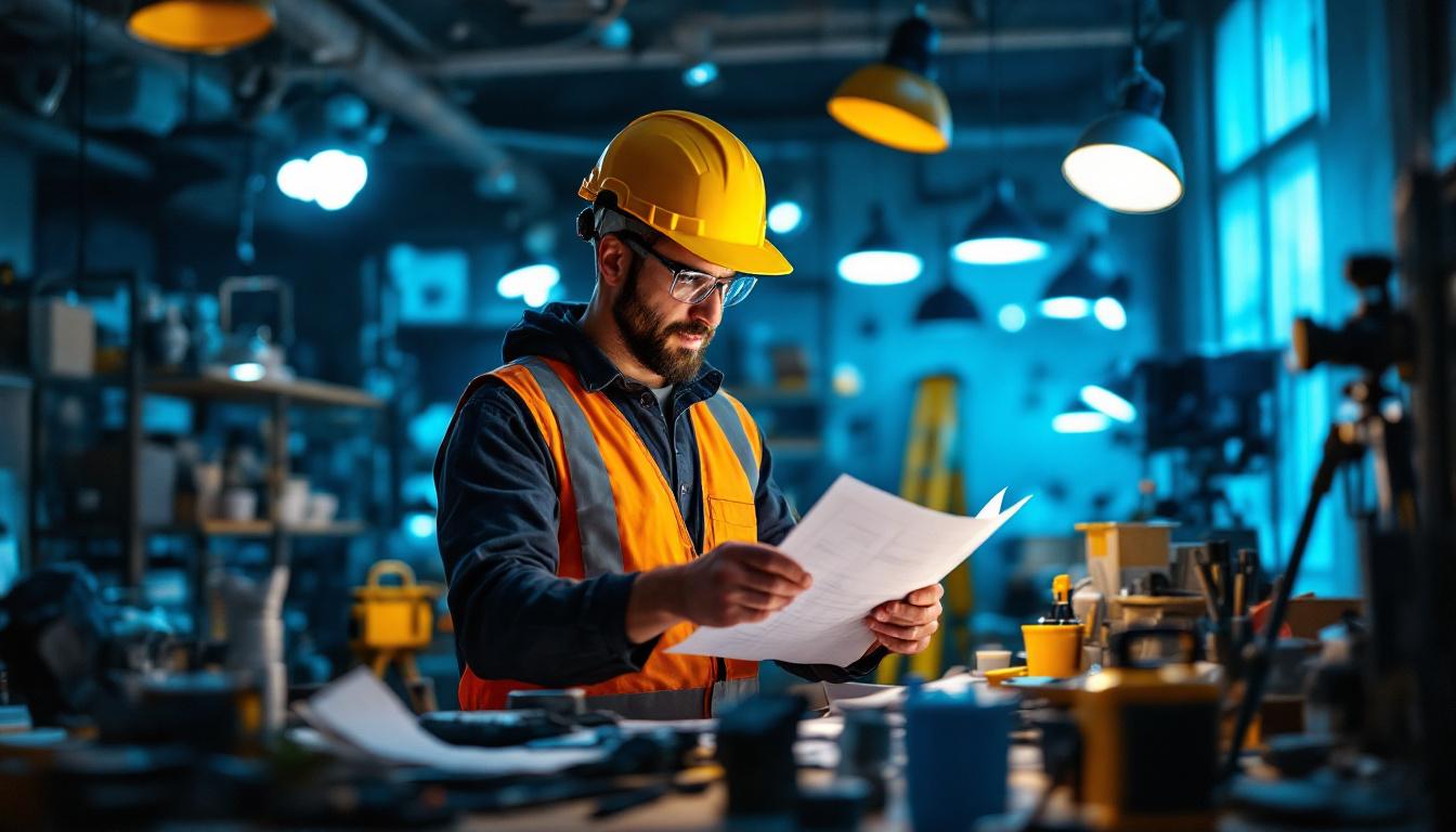 A photograph of a lighting contractor at work