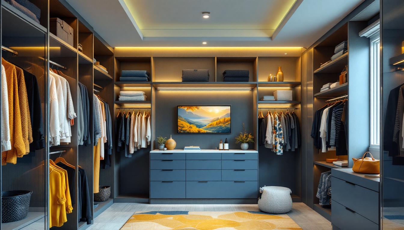 A photograph of a beautifully designed walk-in closet featuring stylish ceiling lights that illuminate the space