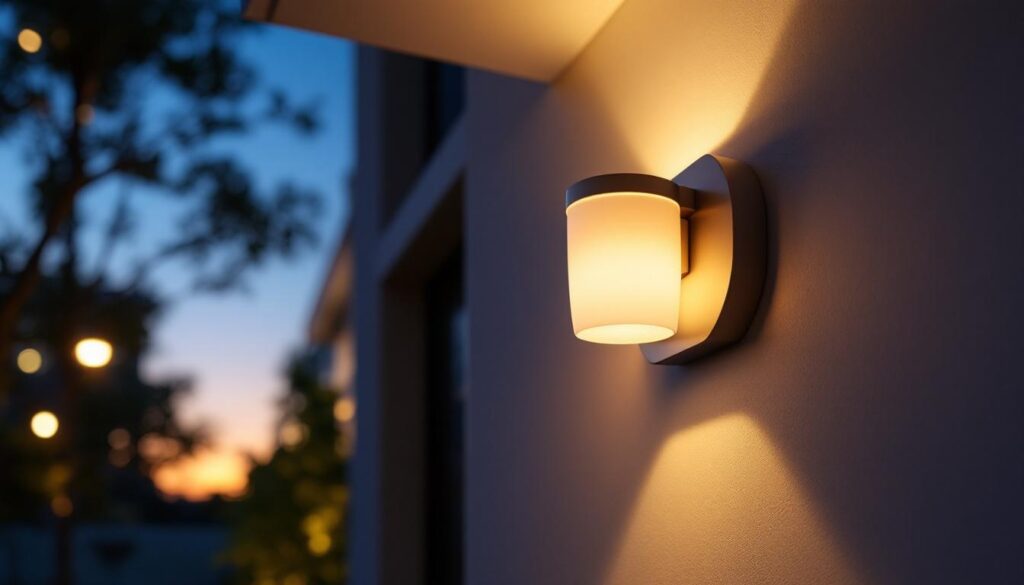 A photograph of a beautifully designed exterior flush mount light fixture installed on a modern home facade during twilight