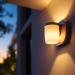 A photograph of a beautifully designed exterior flush mount light fixture installed on a modern home facade during twilight