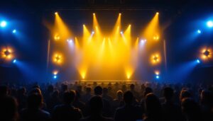A photograph of a beautifully illuminated theater wall featuring stylish wall lights in action
