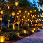 A photograph of a beautifully illuminated outdoor space featuring various types of lantern lighting installations