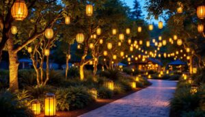 A photograph of a beautifully illuminated outdoor space featuring various types of lantern lighting installations