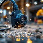 A photograph of a close-up shot of a waterproof plug in use on a construction site