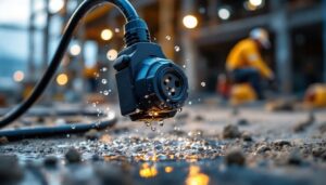 A photograph of a close-up shot of a waterproof plug in use on a construction site