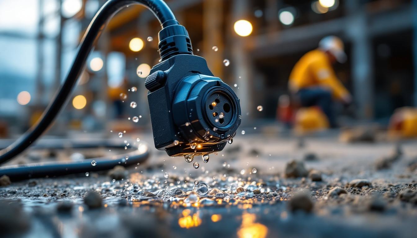 A photograph of a close-up shot of a waterproof plug in use on a construction site