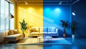 A photograph of a well-lit room showcasing both direct and indirect lighting sources