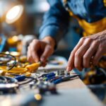 A photograph of a skilled lighting contractor working with various electrical connectors and wiring components in a well-lit workspace