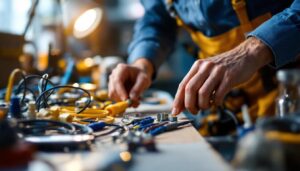A photograph of a skilled lighting contractor working with various electrical connectors and wiring components in a well-lit workspace
