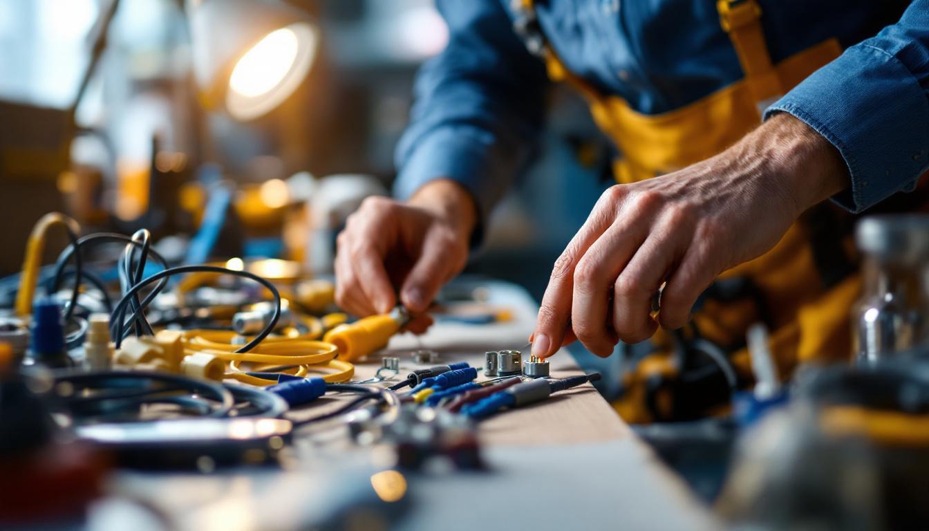 A photograph of a skilled lighting contractor working with various electrical connectors and wiring components in a well-lit workspace