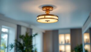 A photograph of a stylish semi-flush ceiling light fixture installed in a well-lit room
