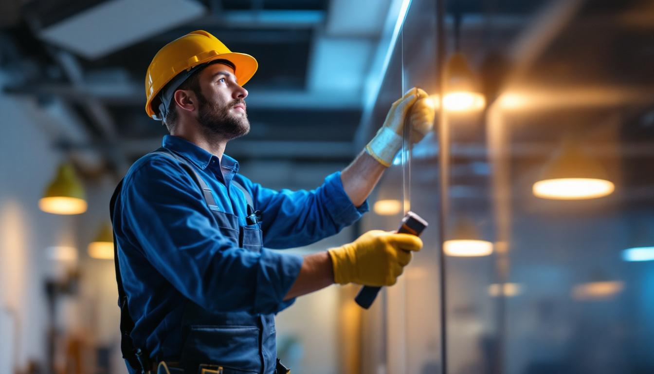 A photograph of a lighting contractor skillfully installing led retrofit lights in a commercial space