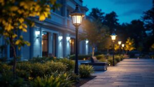 A photograph of a beautifully illuminated outdoor space featuring dusk-to-dawn light fixtures in action