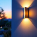 A photograph of a beautifully designed outdoor led wall sconce illuminated at dusk