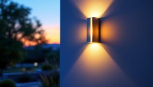 A photograph of a beautifully designed outdoor led wall sconce illuminated at dusk