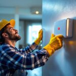 A photograph of capture a photograph of a lighting contractor expertly installing the dw15s leviton device in a modern residential or commercial setting