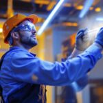 A photograph of a lighting contractor expertly installing led lights in a modern space