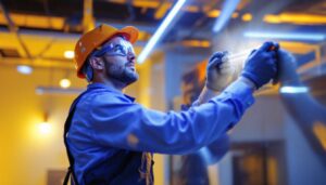 A photograph of a lighting contractor expertly installing led lights in a modern space