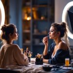 A photograph of a well-lit vanity setup featuring a makeup artist applying makeup to a model
