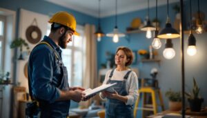 A photograph of a lighting contractor at work