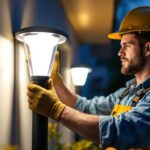 A photograph of a lighting contractor installing energy-efficient led post lights in a residential or commercial outdoor setting