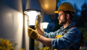 A photograph of a lighting contractor installing energy-efficient led post lights in a residential or commercial outdoor setting