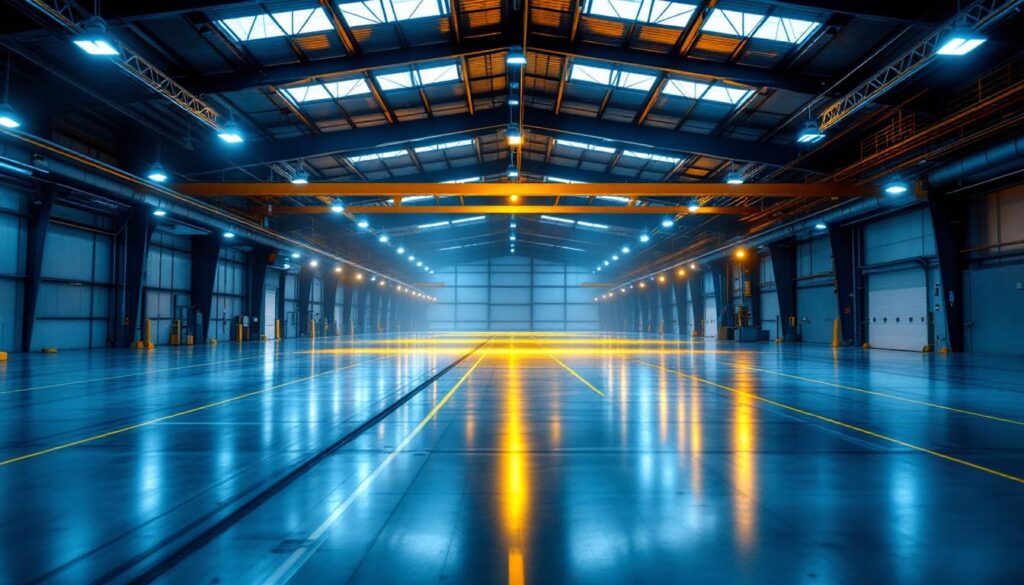 A photograph of a spacious industrial warehouse illuminated by bright