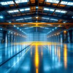 A photograph of a spacious industrial warehouse illuminated by bright