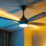 A photograph of a unique and visually striking ceiling fan installed in a stylishly lit room