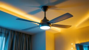 A photograph of a unique and visually striking ceiling fan installed in a stylishly lit room