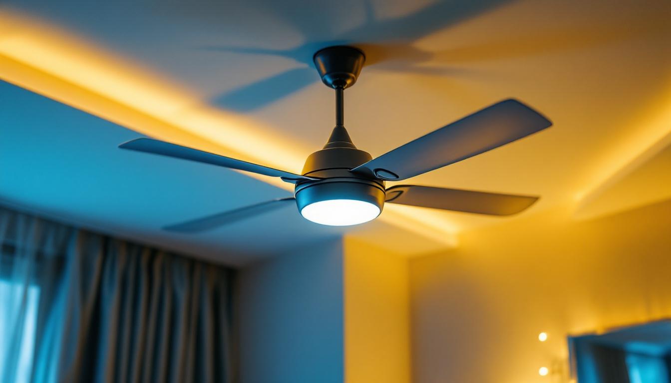 A photograph of a unique and visually striking ceiling fan installed in a stylishly lit room