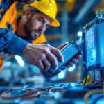A photograph of a lighting contractor installing or inspecting a philips ballast in a commercial setting