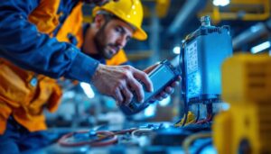 A photograph of a lighting contractor installing or inspecting a philips ballast in a commercial setting