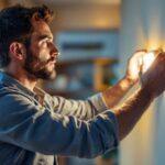 A photograph of a skilled lighting contractor adjusting a smart light fixture in a modern