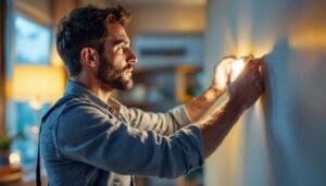 A photograph of a skilled lighting contractor adjusting a smart light fixture in a modern