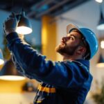 A photograph of a skilled lighting contractor installing or adjusting modern led lights in a stylish