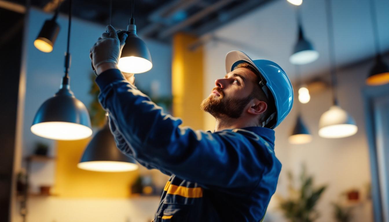 A photograph of a skilled lighting contractor installing or adjusting modern led lights in a stylish