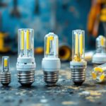 A photograph of a close-up shot of various fluorescent bulb connectors arranged on a workbench