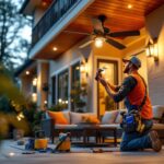 A photograph of a skilled lighting contractor installing an exterior ceiling fan light kit on a stylish patio