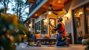 A photograph of a skilled lighting contractor installing an exterior ceiling fan light kit on a stylish patio