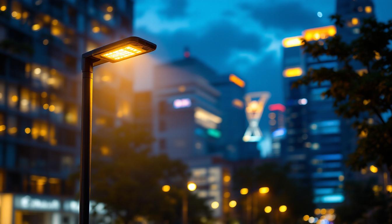 A photograph of a modern streetlight pole equipped with smart technology