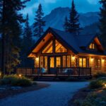 A photograph of a beautifully illuminated cabin surrounded by nature at dusk