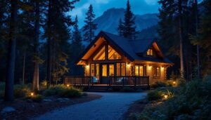 A photograph of a beautifully illuminated cabin surrounded by nature at dusk